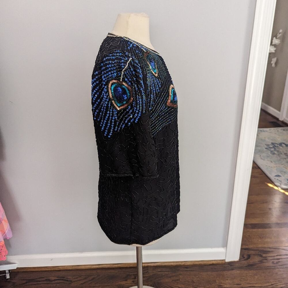 Vintage Women's Peacock 1X Elegant Black Beaded Women's Top Blouse Art to Wear - Picture 4 of 9